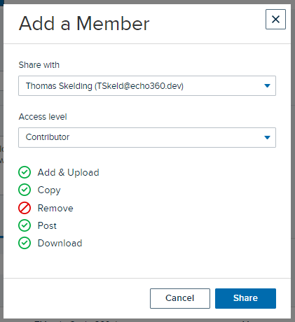 Add a Member modal with user and access level completed and Share button available for selection as described